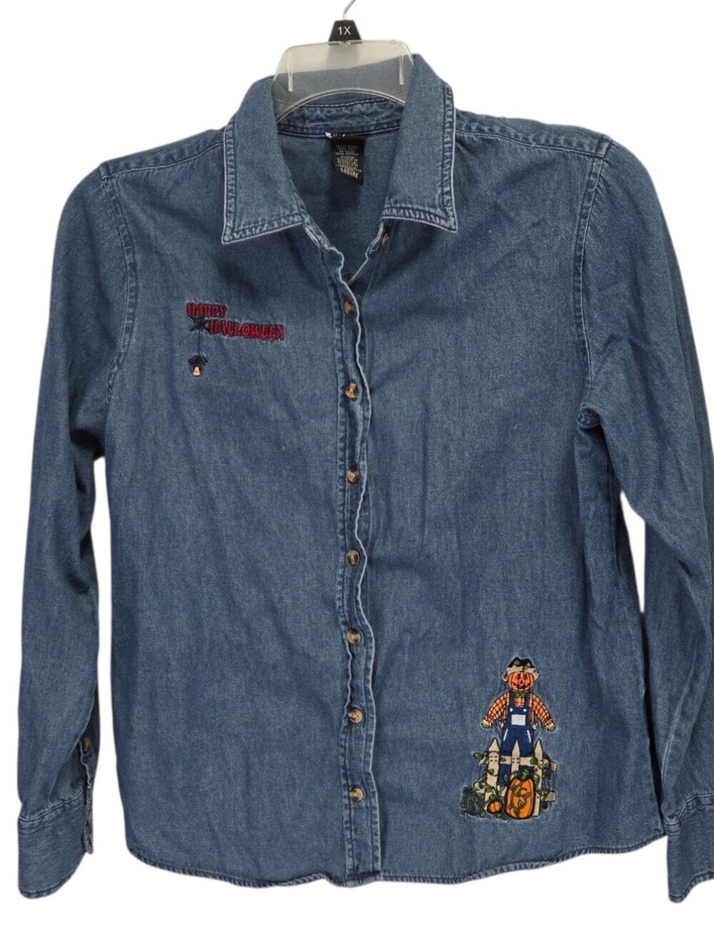 Vintage Holiday Editions Embroidered Halloween Denim Chambray Shirt Size Large
